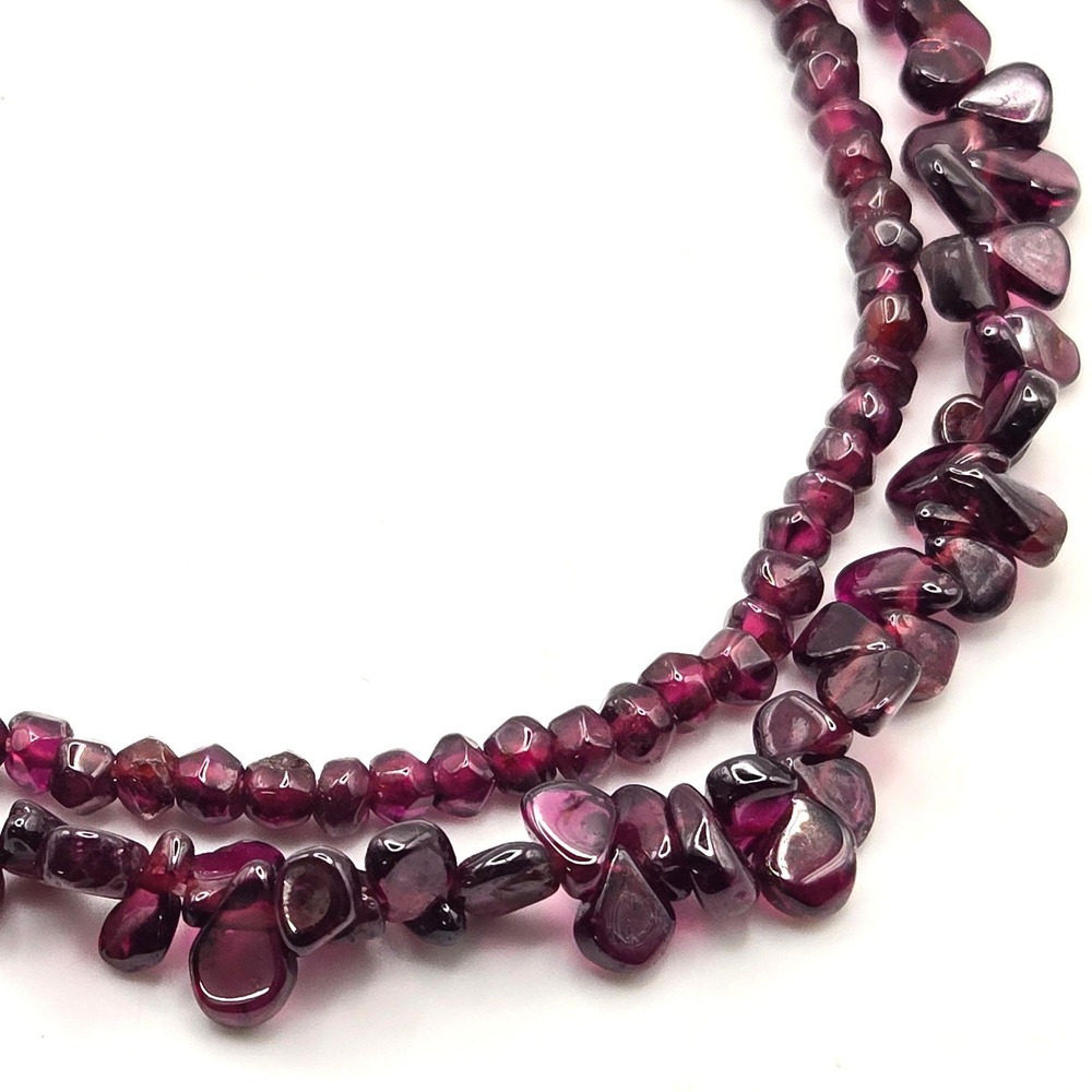 Natural Garnet Chip Necklace Teardrop and Round Double Strand Burgundy 16 Inch